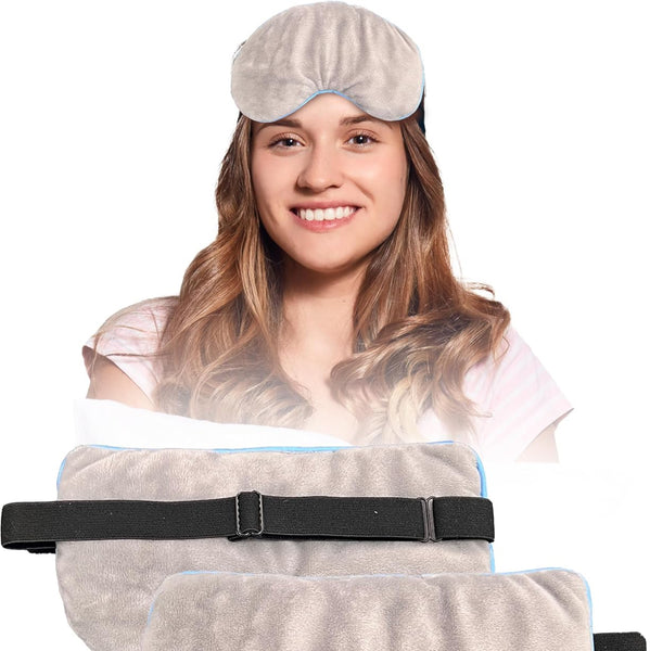 Woman wearing a weighted heated eye mask for headache